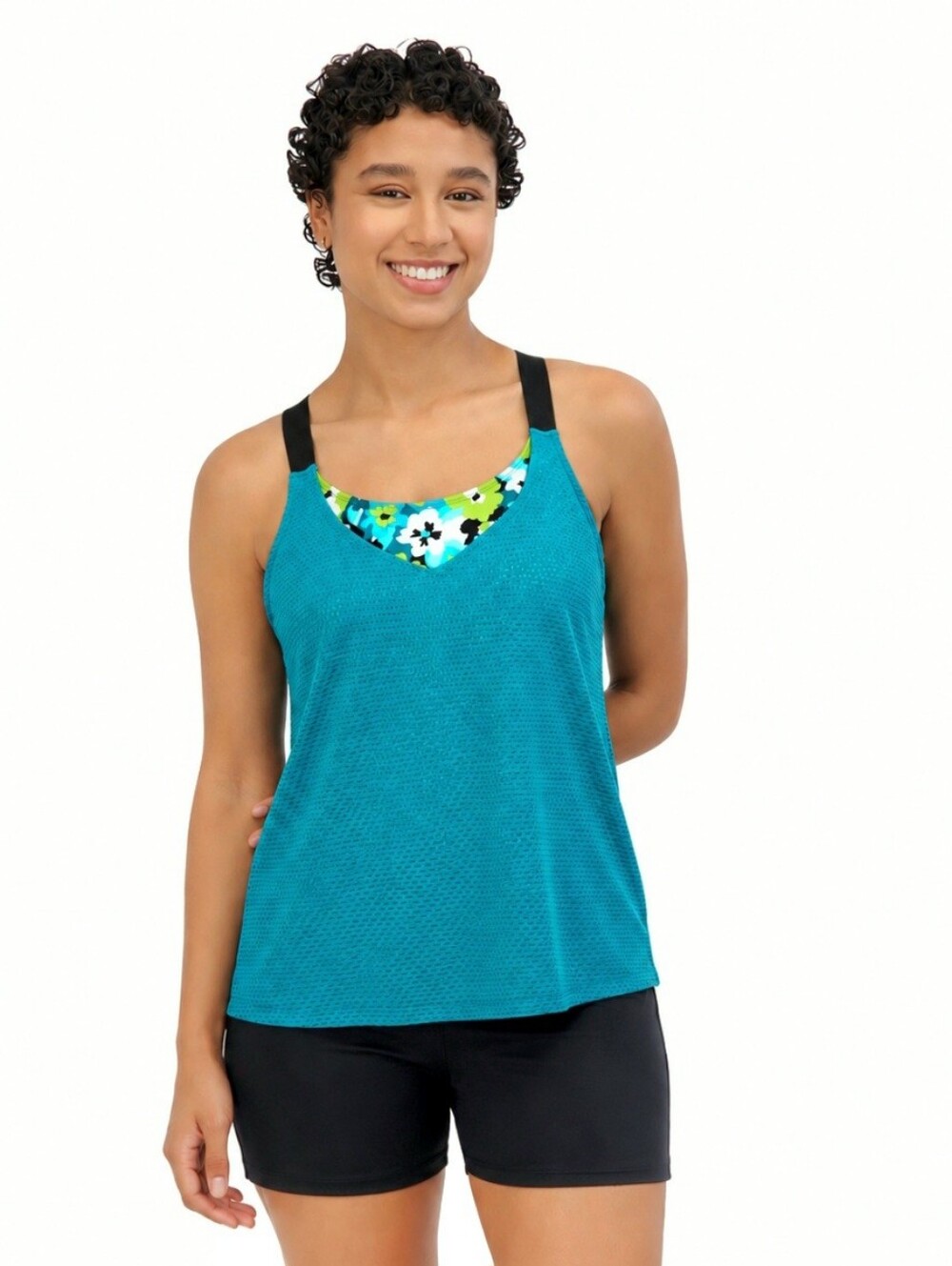 Teal Floral Tankini Swim Top XS Mesh Overlay UPF 30 Quick Dry Racerback NWT